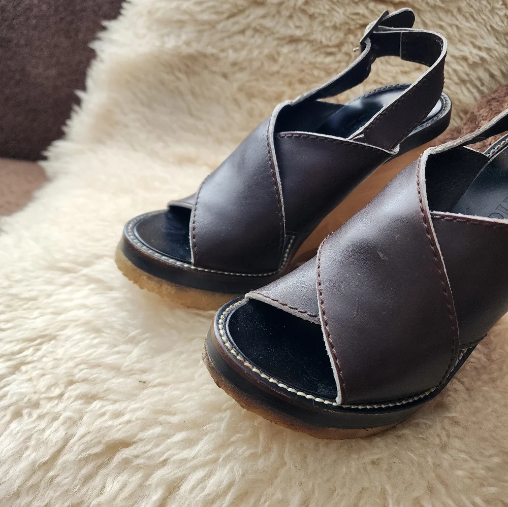 Chloe Chocolate Brown Leather Sling Back Wedge Heels
